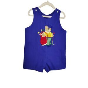 Vtg Austin & Ashley Boys Sz 24 mos Royal Blue Golf Teddy Bear Corduroy Romper